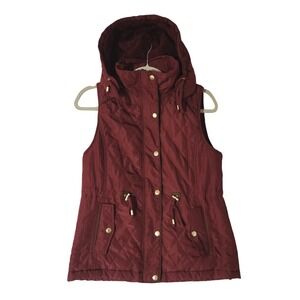 Love‎ Tree Quilted Puffer Vest Burgundy Sherpa Lined Hooded Small Gorpcore Hike